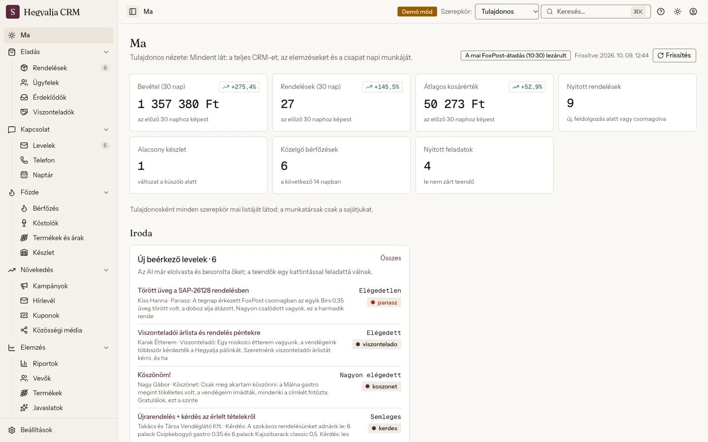 Webshop and staff CRM for a manufacturer, with AI analysis, our own demo