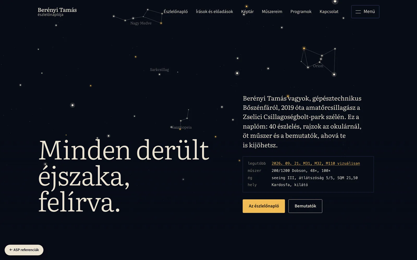 Tamás Berényi's observing log website, home page