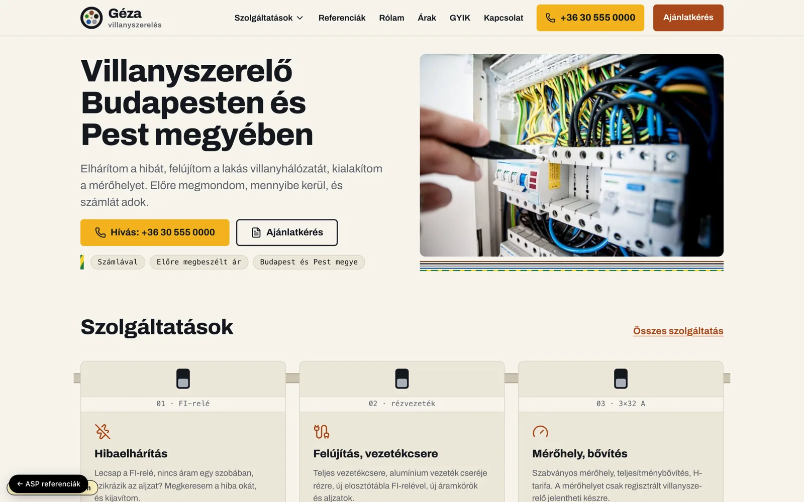 Electrician website (Géza) website, home page