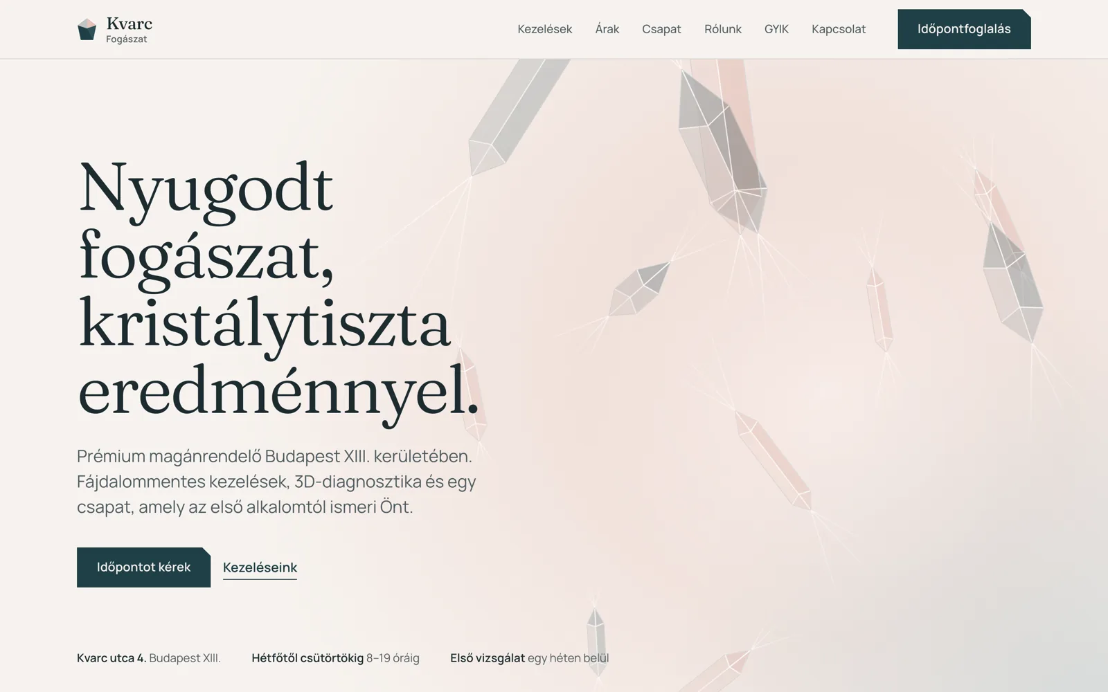 Kvarc Fogászat website, home page on desktop
