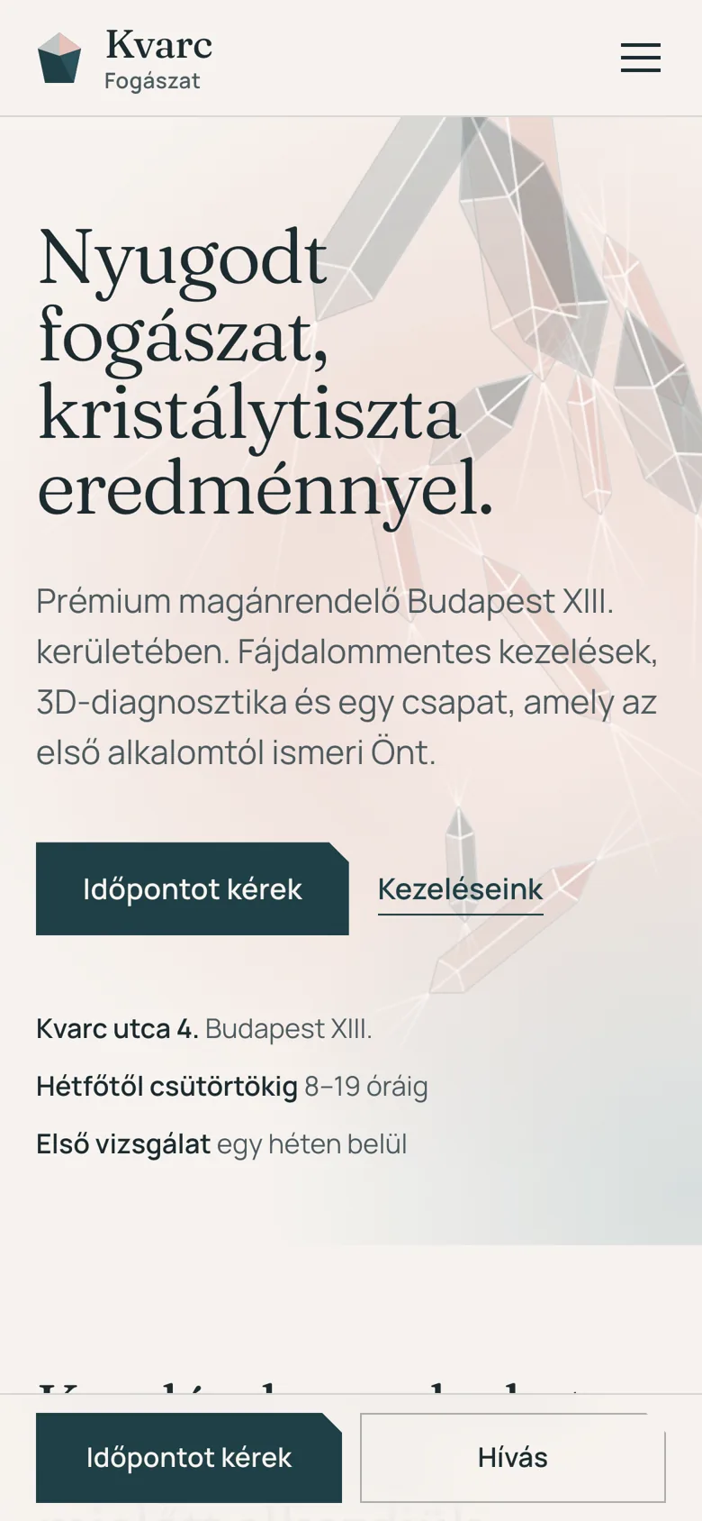 Kvarc Fogászat website, home page on mobile