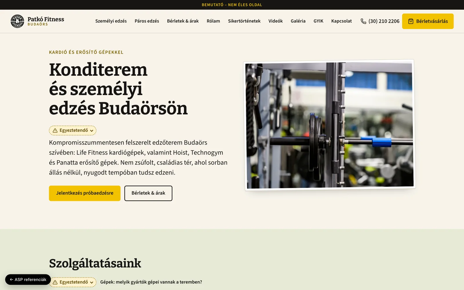 Patkó Fitness Budaörs website, home page