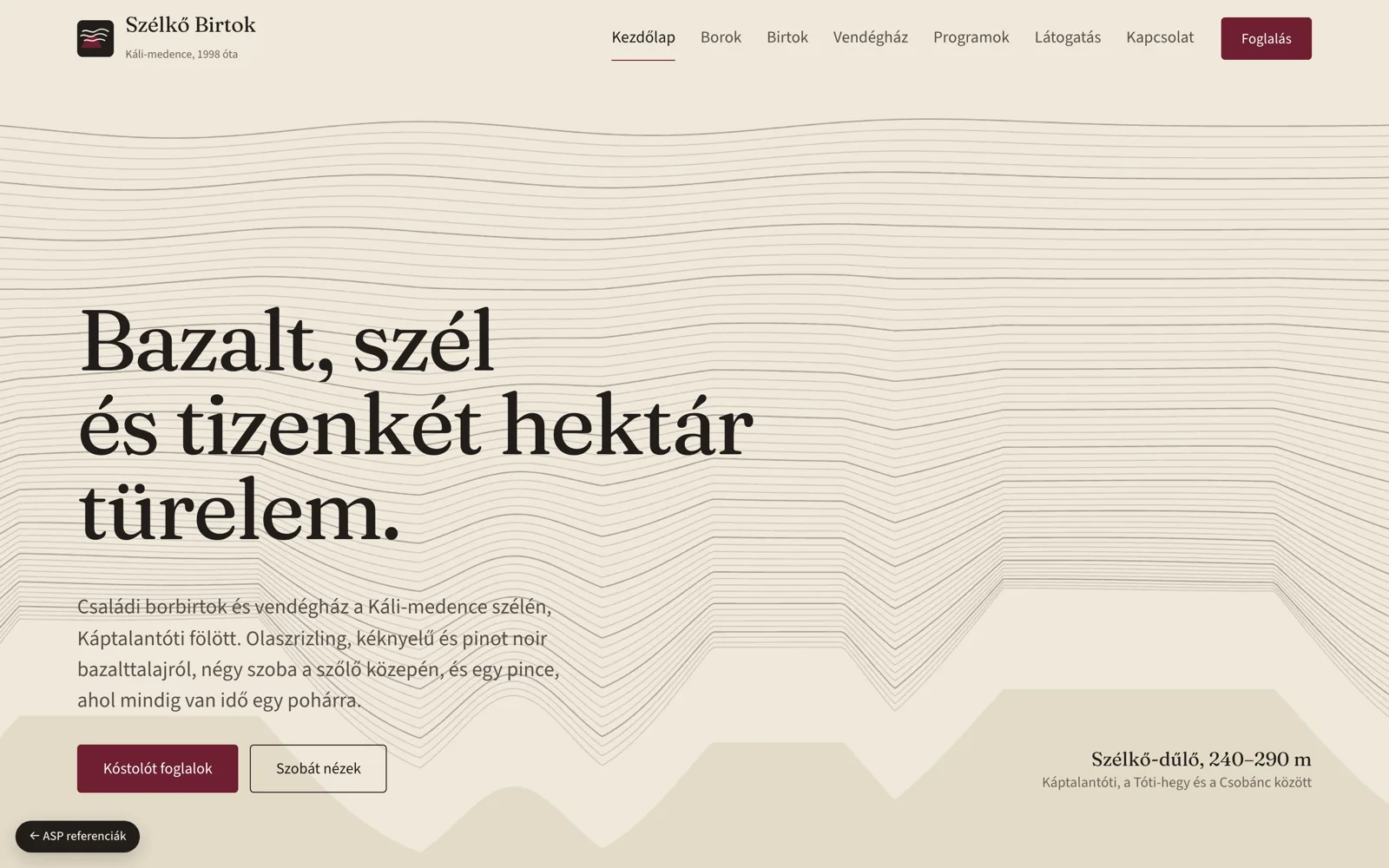 Szélkő Birtok website, home page on desktop