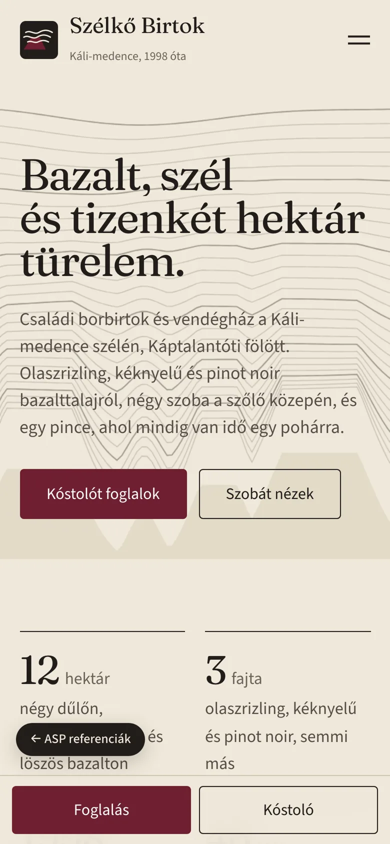 Szélkő Birtok website, home page on mobile